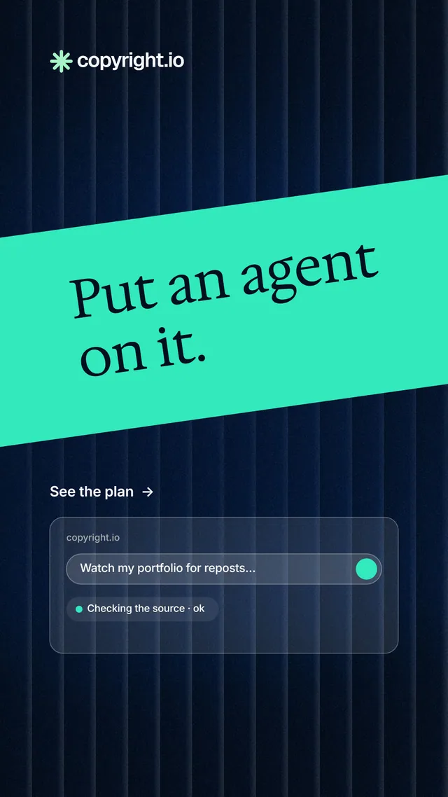 Instagram story for copyright.io: "Put an agent on it." Minimal luxury style, diagonal layout, dark palette in teal, black, blue.