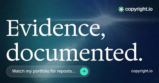 Social ad for copyright.io: "Evidence, documented." Agentic glass style, poster layout, dark palette in blue, teal.