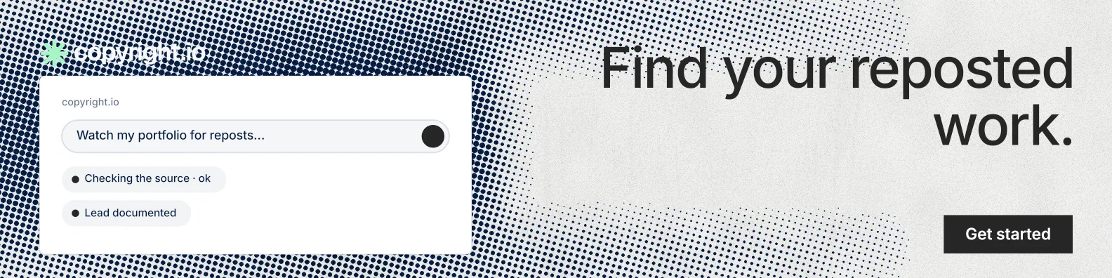 LinkedIn banner for copyright.io: "Find your reposted work." Retro print style, right layout, light palette in white, grey.