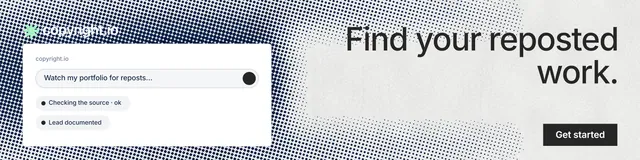 LinkedIn banner for copyright.io: "Find your reposted work." Retro print style, right layout, light palette in white, grey.