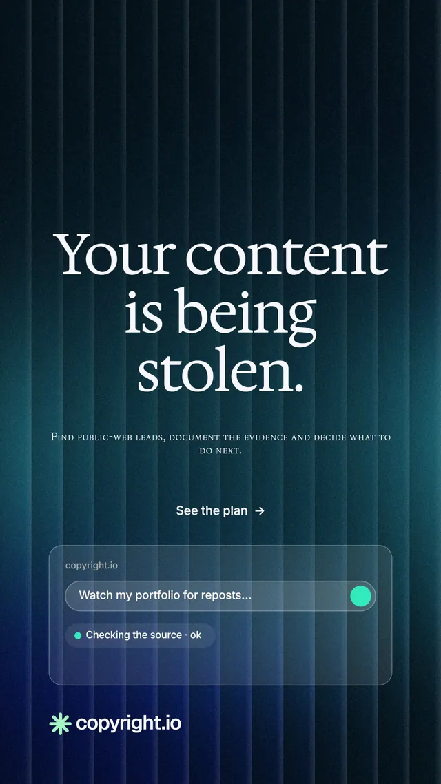 Instagram story for copyright.io: "Your content is being stolen." Minimal luxury style, smallcaps layout, dark palette in black, blue.
