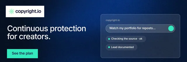 X header for copyright.io: "Continuous protection for creators." Swiss style, bottom layout, dark palette in blue, black, teal.