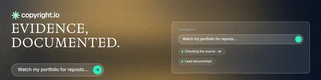 LinkedIn banner for copyright.io: "Evidence, documented." Agentic glass style, bottom layout, dark palette in grey, orange, black.
