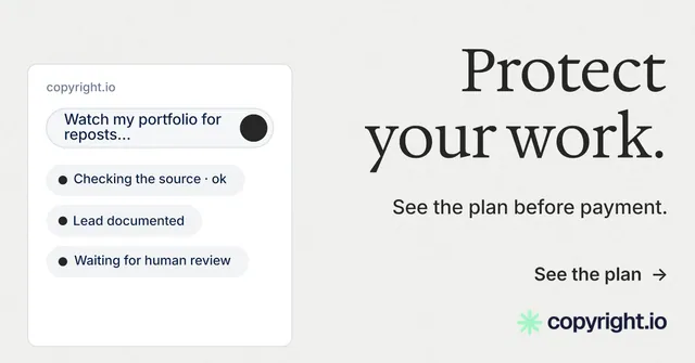 Social ad for copyright.io: "Protect your work." Minimal luxury style, right layout, light palette in white.