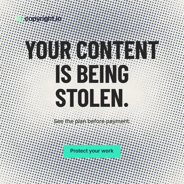 Instagram post for copyright.io: "Your content is being stolen." Retro print style, centred layout, light palette in grey, white.