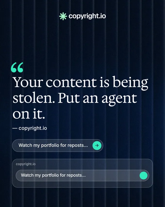 Instagram portrait post for copyright.io: "Continuous protection for creators." Agentic glass style, quote layout, dark palette in black, blue, grey.