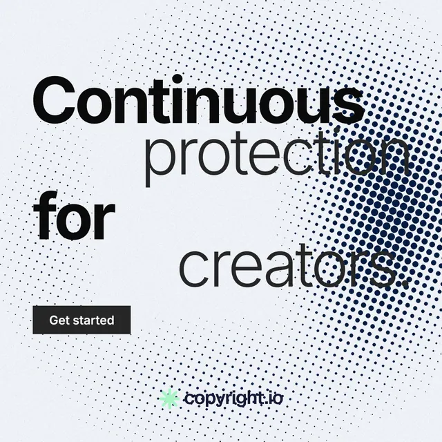 Instagram post for copyright.io: "Continuous protection for creators." Swiss style, stacked layout, light palette in white, blue, grey.