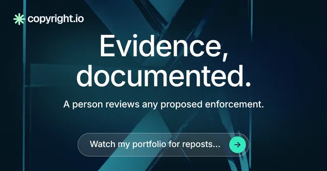 Social ad for copyright.io: "Evidence, documented." Agentic glass style, centred layout, dark palette in blue, black.