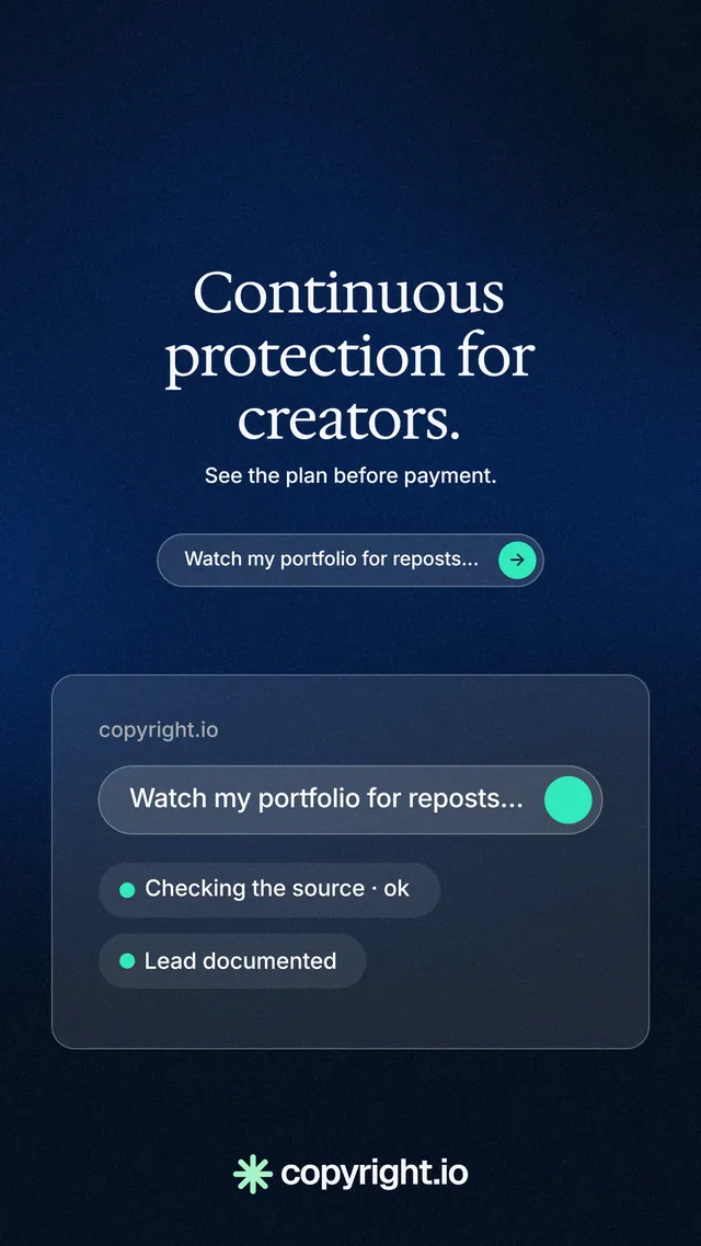 Instagram story for copyright.io: "Continuous protection for creators." Agentic glass style, centred layout, dark palette in blue, black.