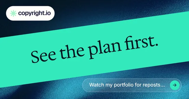 Social ad for copyright.io: "See the plan first." Agentic glass style, diagonal layout, light palette in teal, blue.