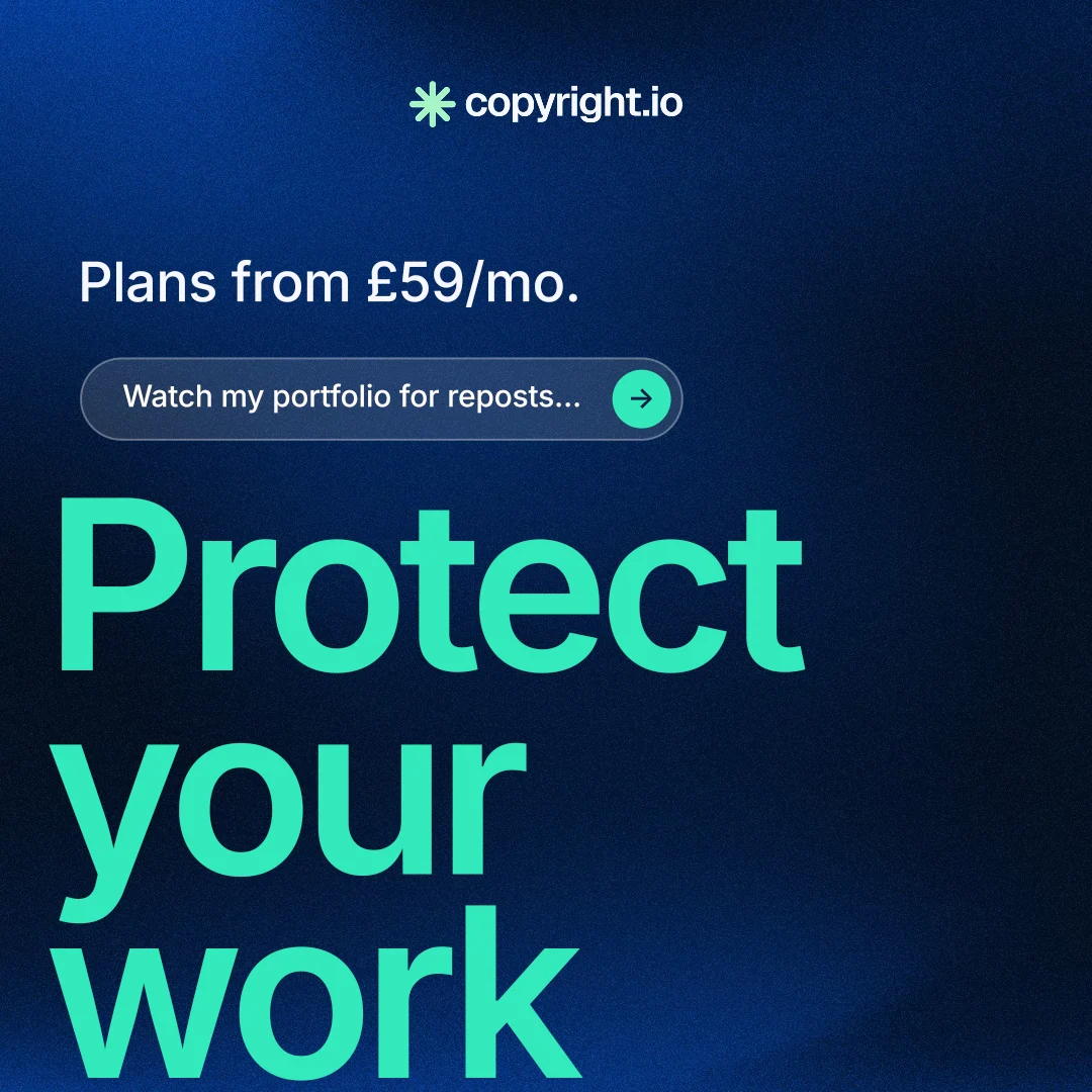 Instagram post for copyright.io: "Put an agent on it." Agentic glass style, oversized layout, dark palette in blue, black, teal.
