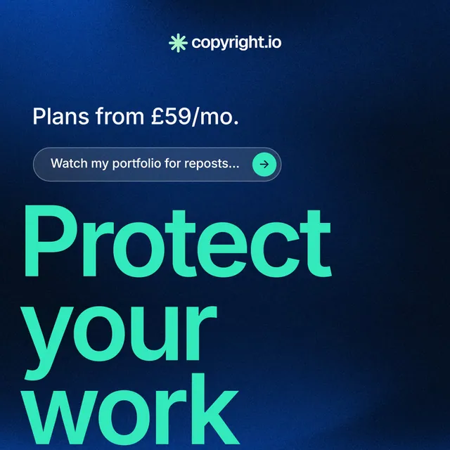 Instagram post for copyright.io: "Put an agent on it." Agentic glass style, oversized layout, dark palette in blue, black, teal.
