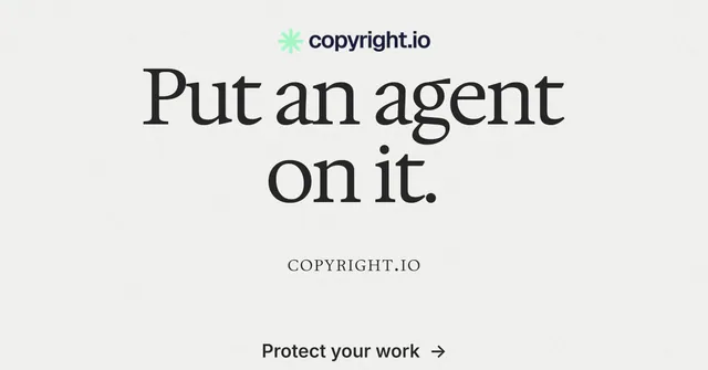Social ad for copyright.io: "Put an agent on it." Swiss style, smallcaps layout, light palette in white.