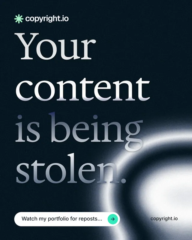 Instagram portrait post for copyright.io: "Your content is being stolen." Agentic glass style, poster layout, dark palette in black, grey, white.