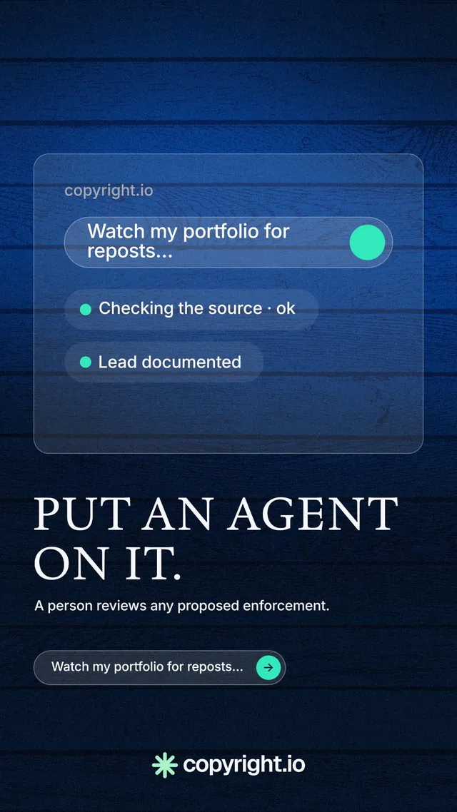 Instagram story for copyright.io: "Put an agent on it." Agentic glass style, bottom layout, dark palette in blue, black.