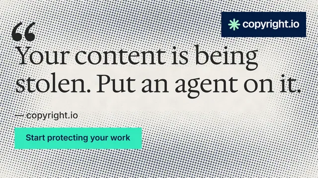 Landscape graphic for copyright.io: "Continuous protection for creators." Retro print style, quote layout, light palette in grey, white, yellow.
