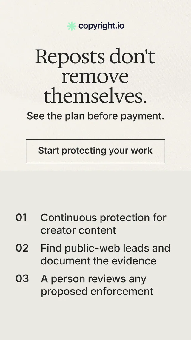 Instagram story for copyright.io: "Reposts don't remove themselves." Editorial style, skeleton layout, light palette in white, grey.