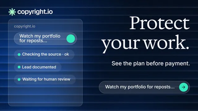 Landscape graphic for copyright.io: "Protect your work." Agentic glass style, right layout, dark palette in blue, black.