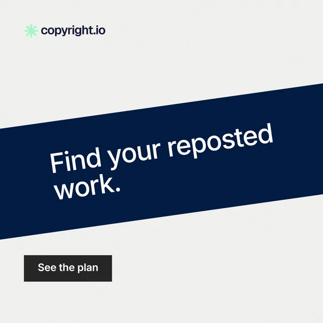 Instagram post for copyright.io: "Find your reposted work." Swiss style, diagonal layout, light palette in white, blue.