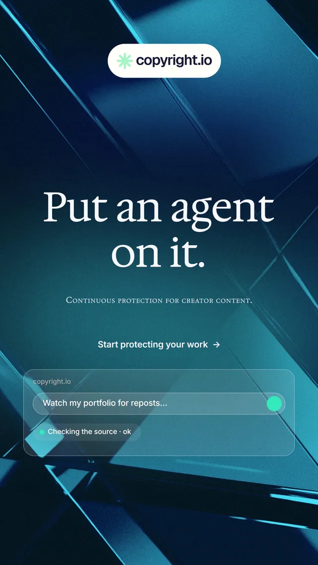 Instagram story for copyright.io: "Put an agent on it." Agentic glass style, smallcaps layout, dark palette in blue, black, teal.