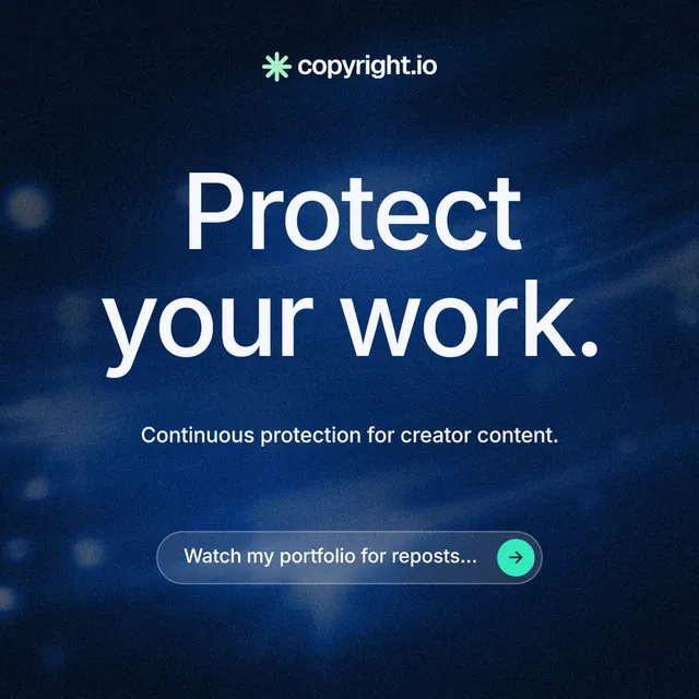 Instagram post for copyright.io: "Protect your work." Agentic glass style, centred layout, dark palette in blue, black.