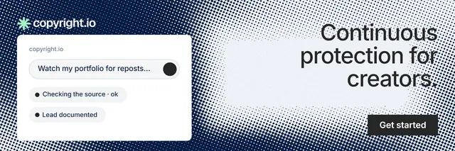 X header for copyright.io: "Continuous protection for creators." Swiss style, right layout, light palette in grey, blue, white.