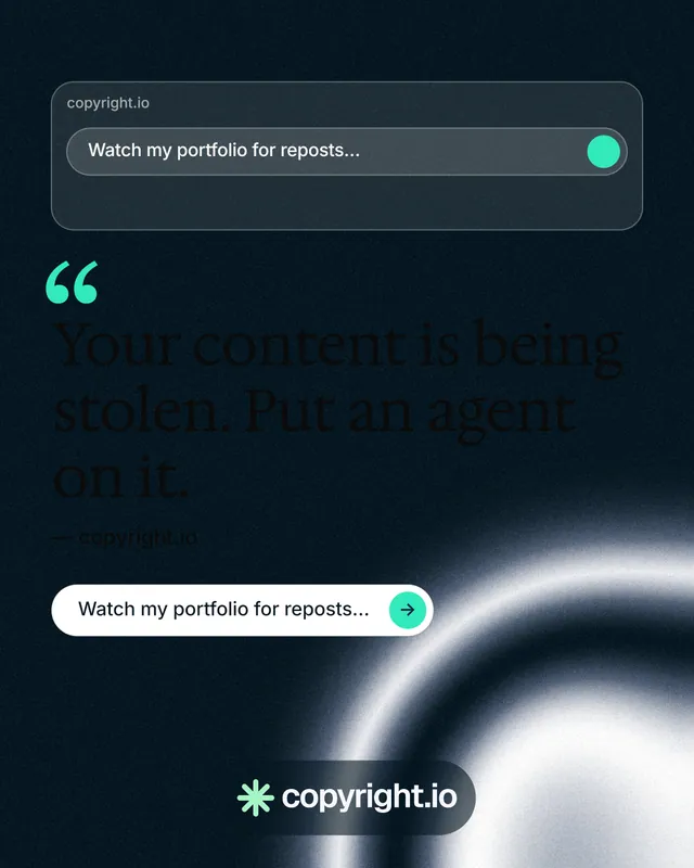 Instagram portrait post for copyright.io: "Protect your work." Agentic glass style, quote layout, dark palette in black, blue, grey.