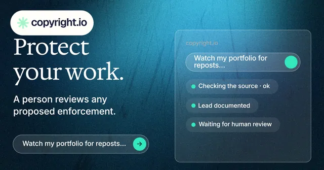 Social ad for copyright.io: "Protect your work." Agentic glass style, bottom layout, dark palette in blue, black.