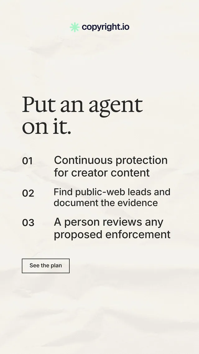 Instagram story for copyright.io: "Put an agent on it." Editorial style, numbered layout, light palette in white, grey.