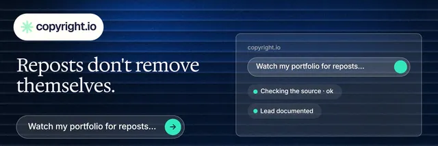 X header for copyright.io: "Reposts don't remove themselves." Agentic glass style, bottom layout, dark palette in blue, black, grey.