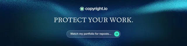 LinkedIn banner for copyright.io: "Protect your work." Agentic glass style, centred layout, dark palette in blue, black.