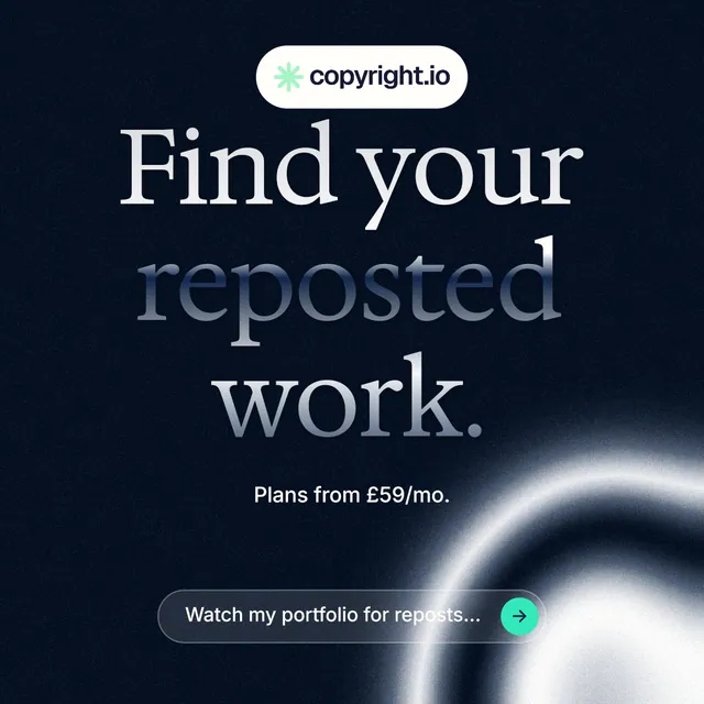 Instagram post for copyright.io: "Find your reposted work." Agentic glass style, centred layout, dark palette in black, grey.