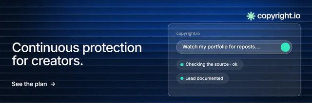 X header for copyright.io: "Continuous protection for creators." Minimal luxury style, bottom layout, dark palette in black, blue.