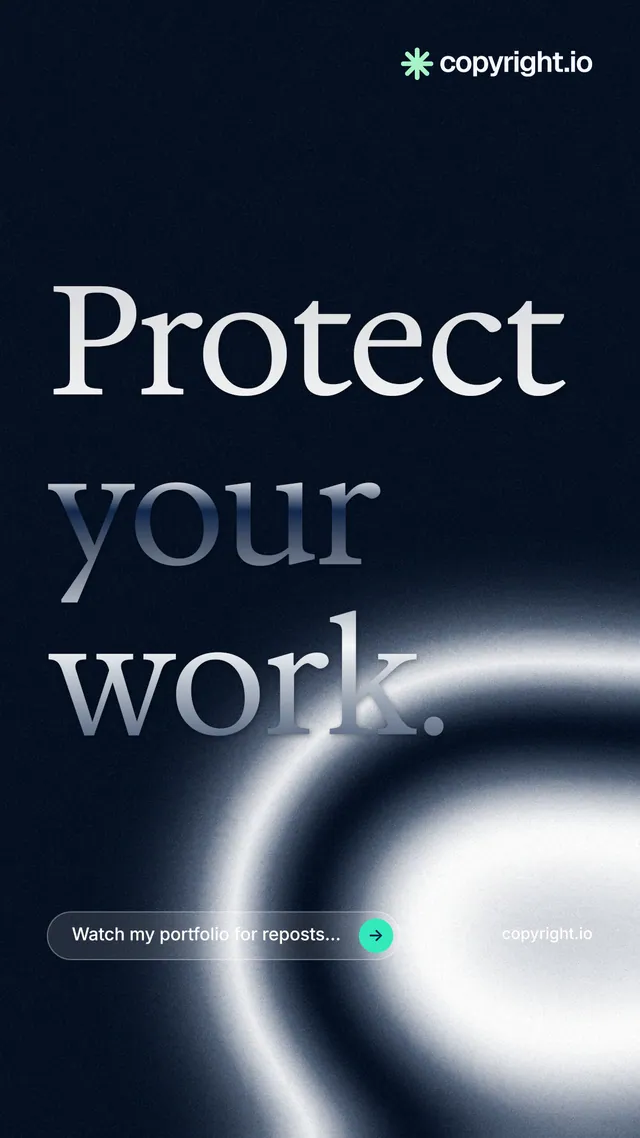 Instagram story for copyright.io: "Protect your work." Agentic glass style, poster layout, dark palette in black, grey, blue.