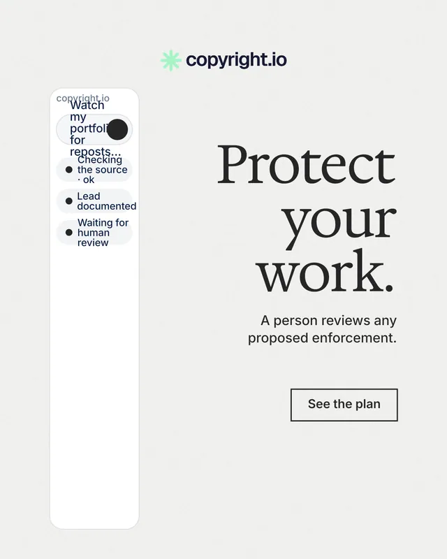 Instagram portrait post for copyright.io: "Protect your work." Editorial style, right layout, light palette in white.