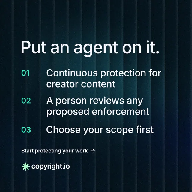 Instagram post for copyright.io: "Put an agent on it." Minimal luxury style, numbered layout, dark palette in black, blue.