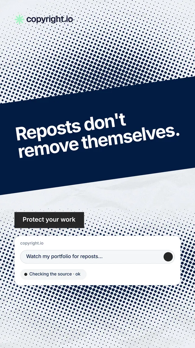Instagram story for copyright.io: "Reposts don't remove themselves." Swiss style, diagonal layout, light palette in blue, white, grey.