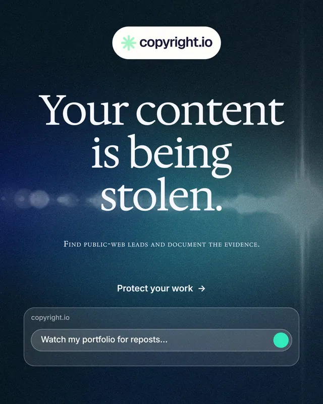 Instagram portrait post for copyright.io: "Your content is being stolen." Agentic glass style, smallcaps layout, dark palette in blue, black, grey.