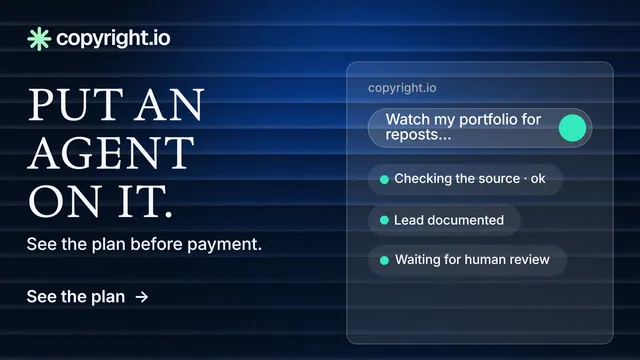 Landscape graphic for copyright.io: "Put an agent on it." Minimal luxury style, bottom layout, dark palette in black, blue.