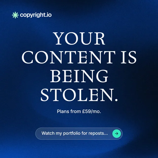 Instagram post for copyright.io: "Your content is being stolen." Agentic glass style, centred layout, dark palette in blue, black.
