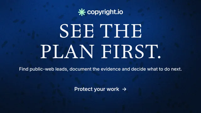 Landscape graphic for copyright.io: "See the plan first." Minimal luxury style, centred layout, dark palette in black, blue.