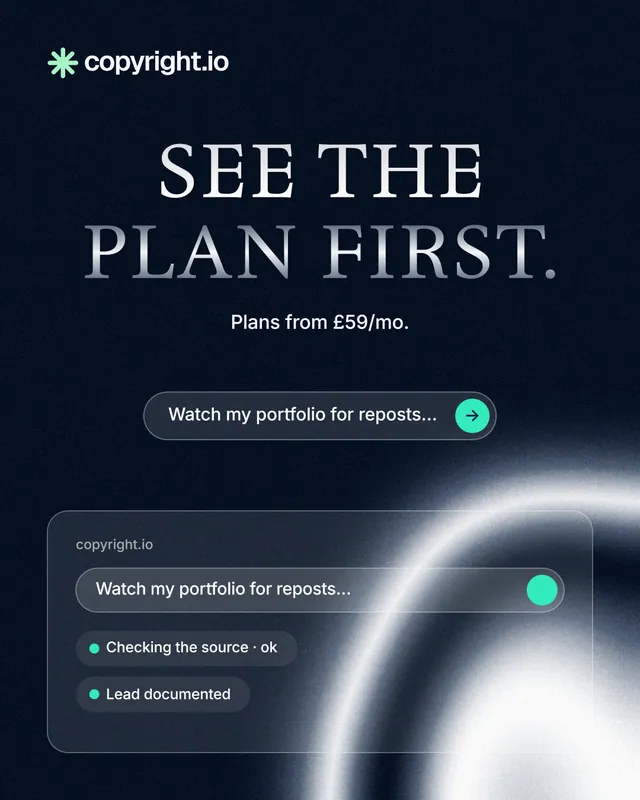 Instagram portrait post for copyright.io: "See the plan first." Agentic glass style, centred layout, dark palette in black, blue, grey.