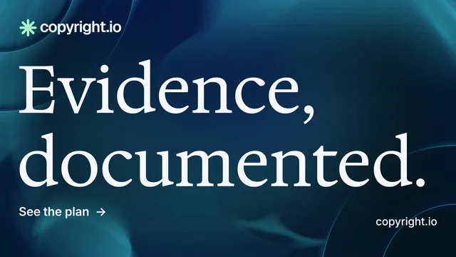 Landscape graphic for copyright.io: "Evidence, documented." Minimal luxury style, poster layout, dark palette in blue, black, grey.
