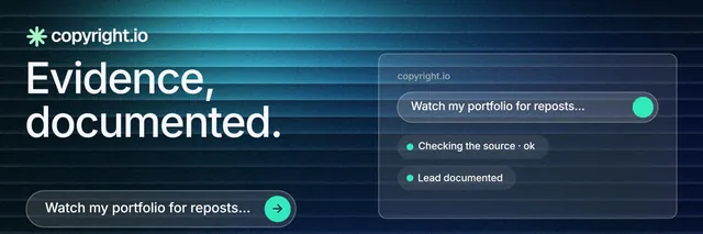 X header for copyright.io: "Evidence, documented." Agentic glass style, bottom layout, dark palette in black, blue, teal.