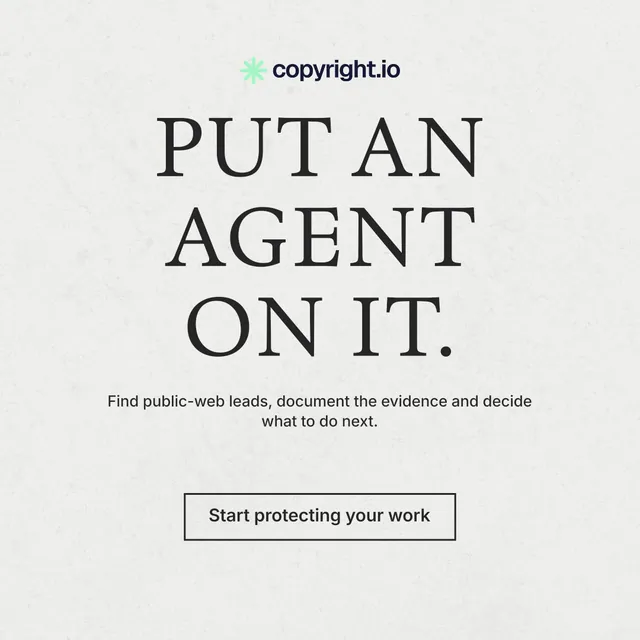 Instagram post for copyright.io: "Put an agent on it." Editorial style, centred layout, light palette in white, grey.