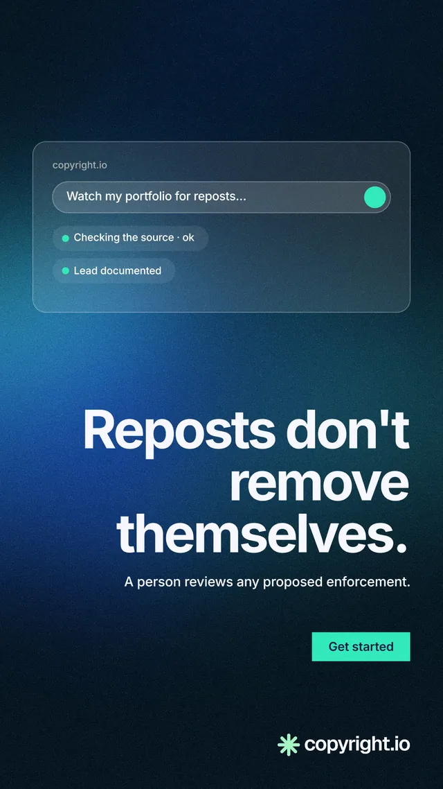Instagram story for copyright.io: "Reposts don't remove themselves." Swiss style, right layout, dark palette in blue, black.