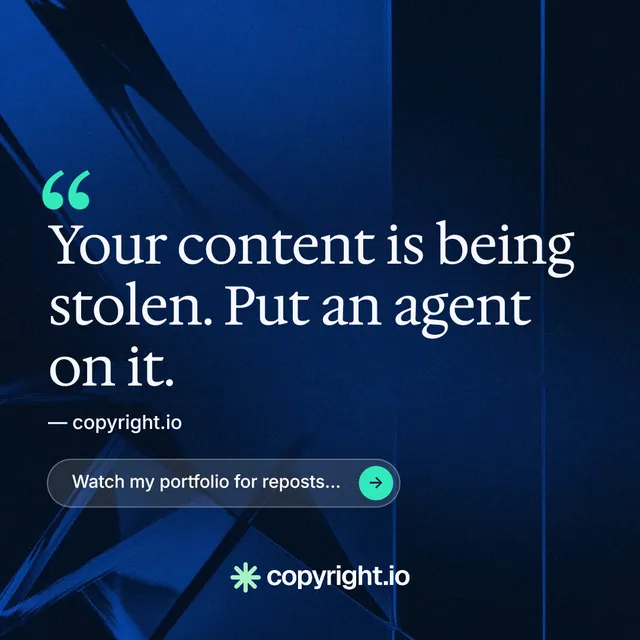 Instagram post for copyright.io: "Put an agent on it." Agentic glass style, quote layout, dark palette in blue, black.