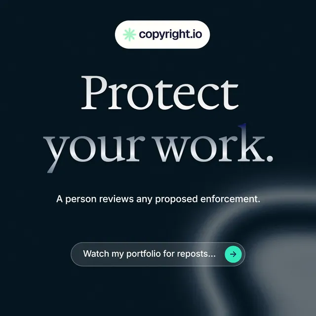 Instagram post for copyright.io: "Protect your work." Agentic glass style, centred layout, dark palette in black, grey, blue.