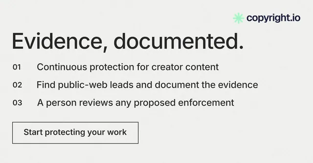 Social ad for copyright.io: "Evidence, documented." Editorial style, numbered layout, light palette in white.
