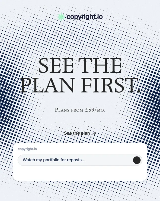 Instagram portrait post for copyright.io: "See the plan first." Retro print style, smallcaps layout, light palette in white, grey.